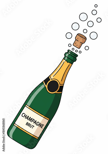 Celebratory champagne bottle being opened with fizzing bubbles.