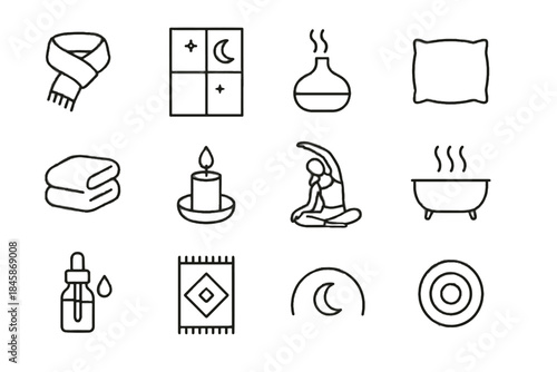Relaxation mist bottle icon bath cozy icons pattern candle holder evening vector