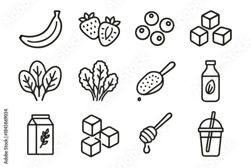 Seeds smoothie icon cubes scoop spoon morning banana vector icons spinach sliced