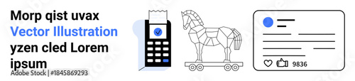 Cybersecurity threats, payment security, data protection, misinformation, online safety, network breaches. Visual elements include a Trojan horse, payment terminal, and a fake news post