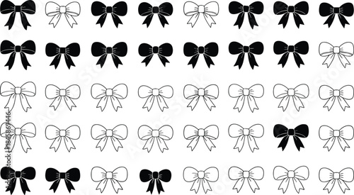 Black and White Monochrome Vector Bow Tie Set: Elegant Collection of Festive Ribbon Knots and Hair Bows for Gift Wrapping, Fashion, and Holiday Decoration.