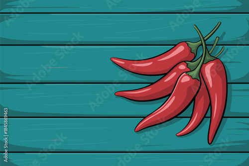 Red Chili Peppers on Teal Wooden Planks
