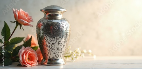 metal funeral urn, pink roses, close-up, light background, copy space. funerals and cremation.