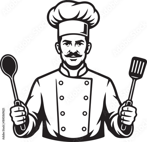 Chef mascot holding kitchen utensils, spoon and spatula, vintage style illustration for culinary businesses or cooking designs.