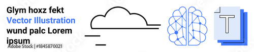 Cloud computing, artificial intelligence, digital storage, neural networks, digital communication, document processing. Abstract cloud, brain-thumbs up AI graphic layered text symbol. Cloud