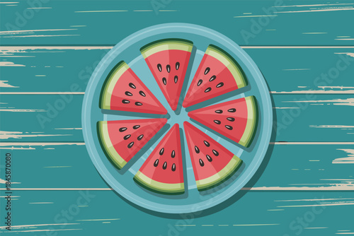 Watermelon Slices on a Blue Plate on a Wooden Table