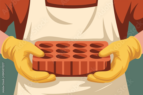 Worker's Hands in Gloves Holding a Red Brick