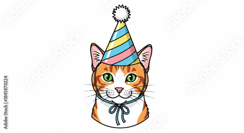 Cheerful orange cat wearing a festive party hat with a bowtie in a cute cartoon illustration.