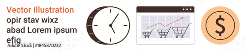 E-commerce, time management, online sales, business analytics, market trends, money management. Clock, shopping cart chart dollar sign. E-commerce and time management concept