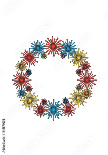 Vibrant colorful floral wreath ring composed of diverse blossoms and petals.