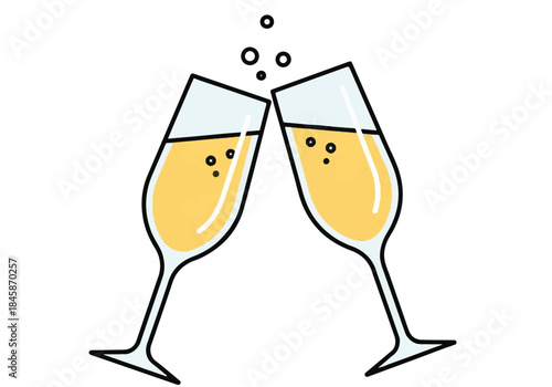 Two champagne flutes clinking in celebration with bubbly rising and shining.