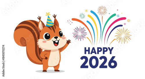 Cartoon Squirrel Celebrating New Year 2026 with Fireworks, Party Hats and Festive Cheer.