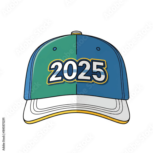 Blue and green multicolor baseball cap with 2025 logo.