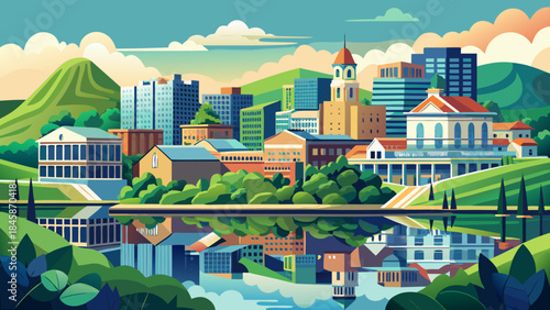 Very beautiful cityscape of Charleston, West Virginia, nestled among green hills, riverfront reflections, balanced urban layout, and welcoming atmosphere illustrated in a clean vector style.