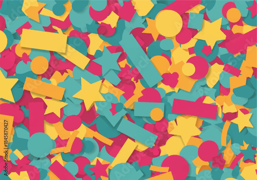 Vibrant confetti collage with stars, circles, and rectangles in festive celebration.