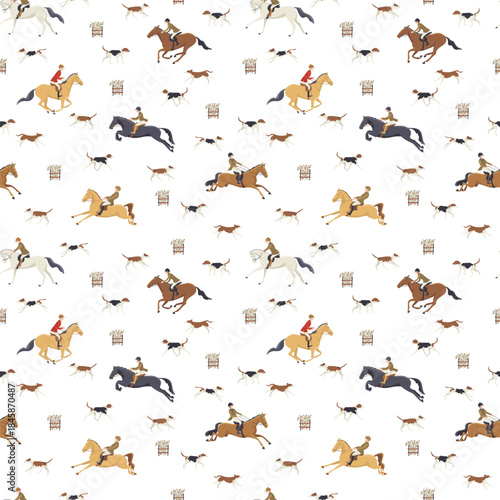 Seamless pattern with horse riders and hunting dogs on white background in vintage equestrian style