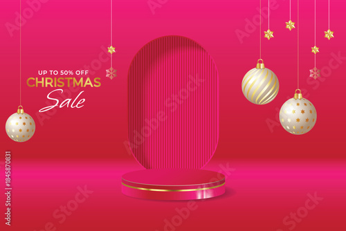 Christmas sale poster clipart design with podium. Christmas Sale special offer shopping discount clip art with pink podium
