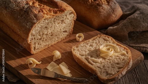 Rustic Bread and Butter on Wooden Cutting Board in Warm Light