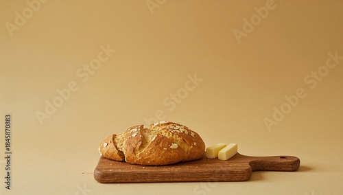 Rustic Bread and Butter with Copy Space on Wooden Cutting Board