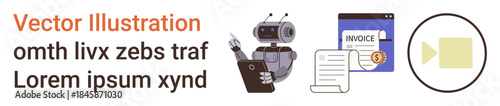 Automation, AI, business finance, digital tools, innovation, productivity. A robot, invoice and documents key . Automation and business finance in technology-driven processes