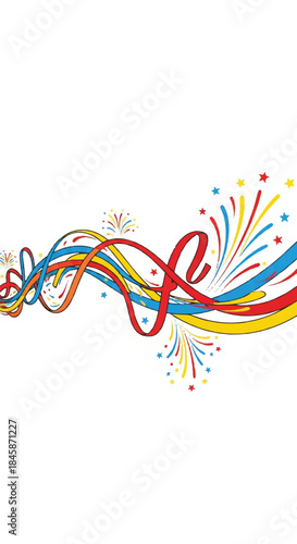 Vibrant Abstract Ribbon Waves with Confetti and Streamers Creating Festive Dynamic Design.