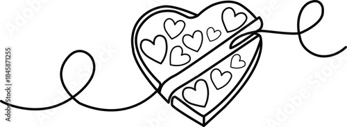 Continuous line art of a valentine's gift item featuring a heart shape chocolate box.
