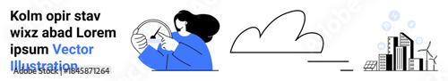 Technology, sustainability, cloud computing, environmental science, innovation, development. Woman writing on paper, cloud icon and renewable energy cityscape. Technology and sustainability concept