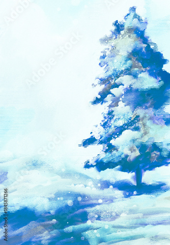 Impressionistic Winter Scene of Pine Tree in Snow Shower w/Snow on Ground & Tree-Digital Painting, Art, Illustration-In White, Blue, Teal & Purple-Christmas, Happy New Year, Holiday
