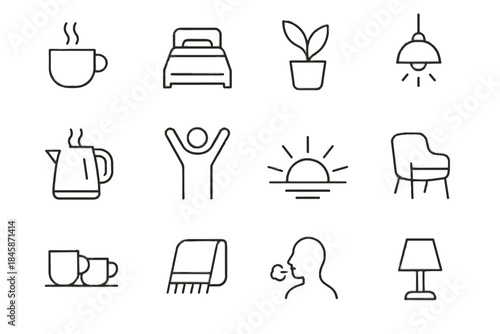 Chair quiet drink calm icons lamp blanket mug vector icon morning bedside