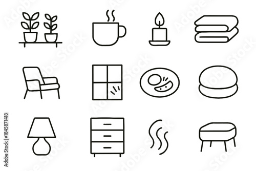 Footstool minimalist warm bedding window icon vector neat icons plant lamp morning