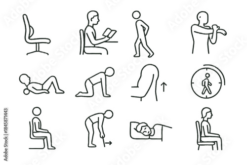 Alignment timer balanced icons standing icon spinal sleeping roller guide posture vector