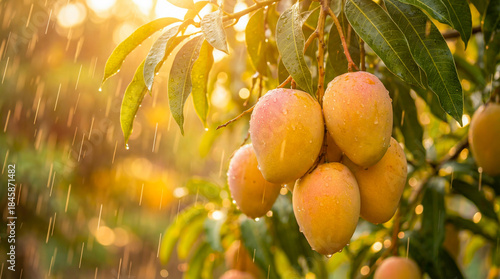 Ripe mango fruits glistening on tree branch during summer rain with golden hour light