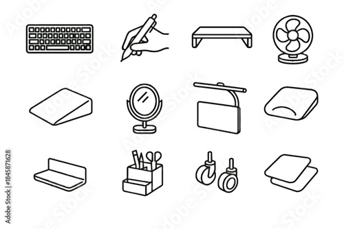 Monitor ergonomic icon pads arch vector bar multifunction pen chair workspace icons