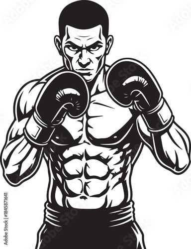 Muscular male boxer in ready stance wearing boxing gloves, powerful black and white graphic illustration, athletic combat sport icon