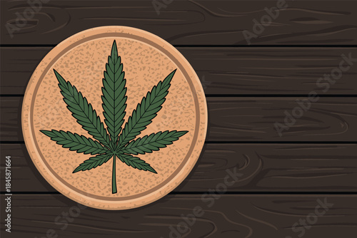 Cannabis Leaf Emblem on Textured Wood Background