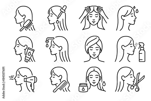 Rinse haircare trimming weekly brushing detangling icons healthy icon hair shampoo mask