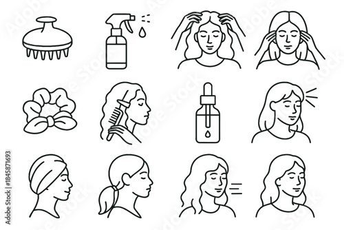 Ponytail scalp icons haircare spritz serum styling vector hydrating brush icon exfoliation