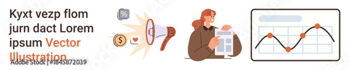 Business strategy, digital marketing, data analysis, financial growth, media trends, reporting tools. Person analyzing data and reading a document with a chart and megaphone. Data analysis