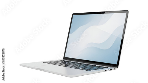 Modern Silver Laptop Computer with Abstract Blue Screen Isolated on Transparent Background