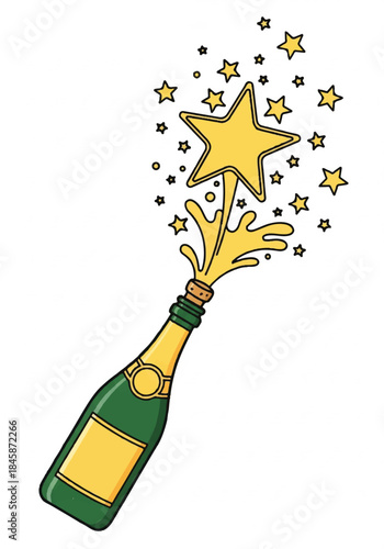 Festive champagne bottle erupting with starry sparkles for celebration.