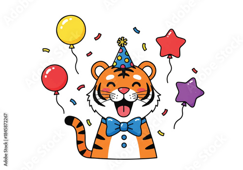 Cheerful cartoon tiger celebrating with balloons, confetti and party hat.