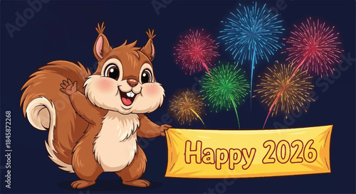 Celebratory Cartoon Squirrel with Fireworks and a Happy New Year Banner 2026.