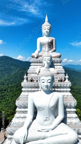 Aerial View of Large White Buddha Statues at Wat Phra That Pha Son Kaew Temple, Thailand