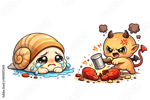 A sweet little snail cries a river of tears while a mischievous devil furiously smashes a heart