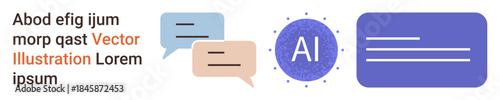 Artificial intelligence, communication, chatbot systems, digital messaging, tech interfaces, online services. Two speech bubbles, AI icon digital interface. Artificial intelligence and communication