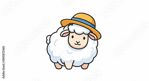 Playful cartoon sheep wearing a straw hat in a fluffy white woolly form illustration.