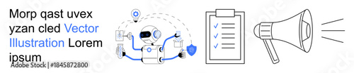 Artificial intelligence, task organization, communication tools, data security, digital marketing, workflow. Robot with a shield, checklist and megaphone. AI and task organization concepts