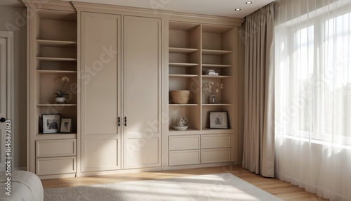 Modern built-in wardrobe with open shelves and closed cabinets. Beige bedroom furniture provides ample storage with drawers and hanging space. Elegant, clean design.