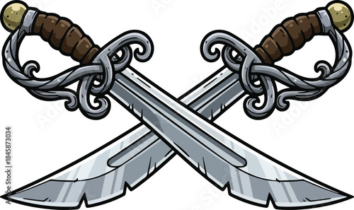 Crossed cartoon pirate cutlasses with detailed hilts and brown handles, a symbol of adventure and treasure hunting on white
