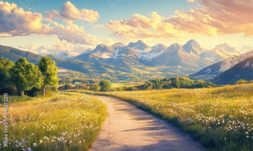 A tranquil path through vibrant fields towards majestic mountain range.